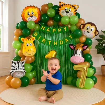Pack of 5, 50 Pcs Jungle Safari Theme 7th Birth day Decoration Set for Boys with Animal Balloons Banner