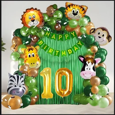 Pack of 5, 50 Pcs Jungle Safari Theme 10th Party Decoration Set for Boys with Animal Balloons Banner