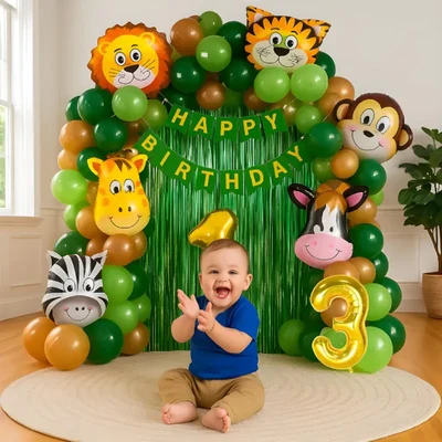 Pack of 5, 50 Pcs Jungle Safari Theme 3rd Birth day Decoration Set for Boys with Animal Balloons Banner