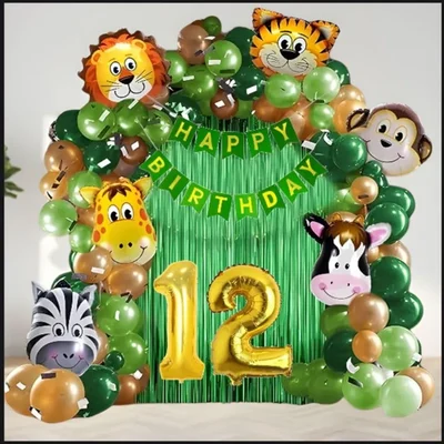 Pack of 5, 50 Pcs Jungle Safari Theme 12th Party Decoration Set for Boys with Animal Balloons Banner