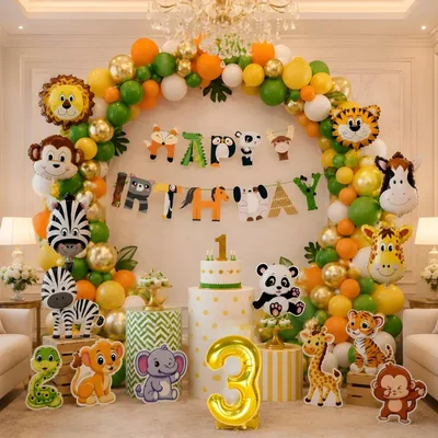Pack of 3, Jungle Safari Theme 3rd Birthday Decoration Set for Boys with Animal Balloons Banner