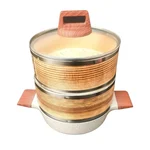 2 Tier Ceramic Kadai with Wooden Dimsum Baskets & Stainless Steel Reinforcement Rings for Tabletop Serving & Steaming