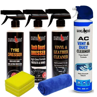 Kangaroo 400ml x4 Premium Car Care Kit Dashboard Tyre Vinyl AC Cleaner - Premium Car Care Kit_4044