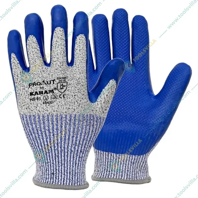 KARAM Prokut HS61 Safety Gloves, 13 Guage HPPE Liner with Blue Latex Coating(Pack-1 pair)