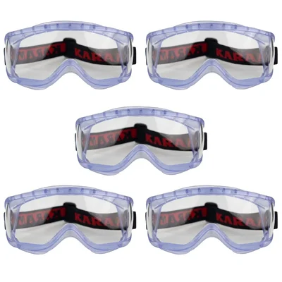 Karam ES008 Pack of 5 Chemical Splash Safety Goggles Clear Anti-Fog Polycarbonate Lens with Elastic Headband