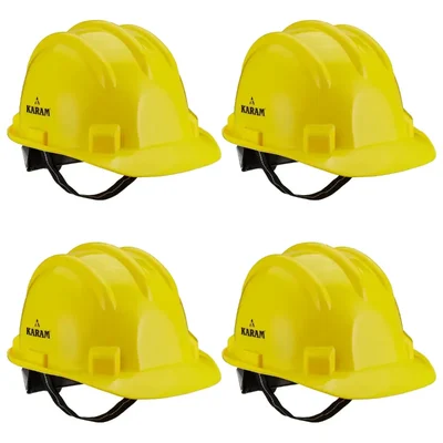 Karam Pack of 4 Yellow ISI Marked Ratchet Type Construction Safety Helmet for Men, with Adjustable Chin Strap (PN521)