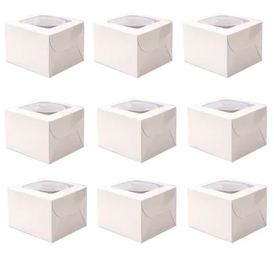 100 Pcs, 4x4x3 Window 280 GSM Kraft Paper Cupcake Box with Insert For Cupcakes, Brownies, Bakery Products