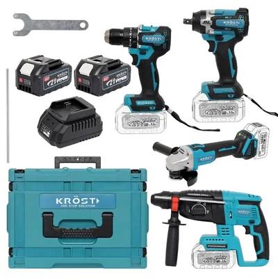 Krost 4 Pcs 21V Cordless Impact Wrench, Rotary Hammer, Metal Chuck Drill & Angle Grinder Combo Kit With Battery & Charger