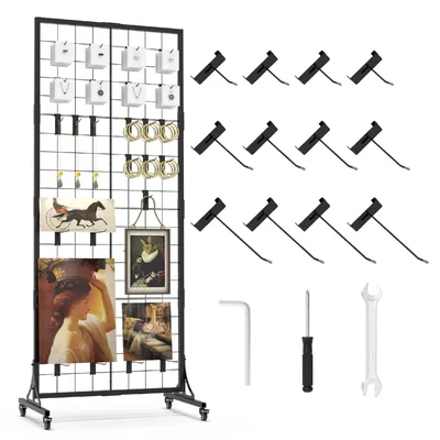 KTG 2 x 5 feet Movable Grid Wall Panel Display Stand With Extra 12 Hooks