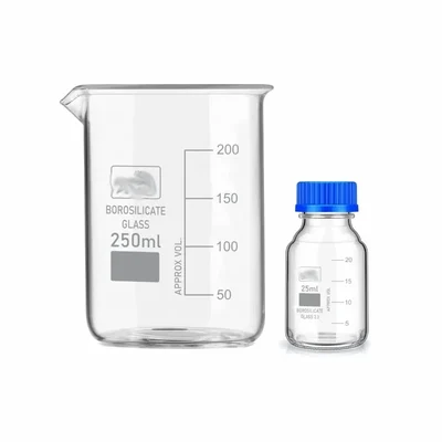 SBT Instruments Borosilicate Glass Measuring Beaker 250ml & 25ml Reagent Bottle with Leak Proof Blue Screw Cap