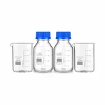 SBT Instruments Borosilicate Glass Measuring Beaker 25ml x 2pcs & 25ml x 2pcs Reagent Bottle with Leak Proof Blue Screw Cap