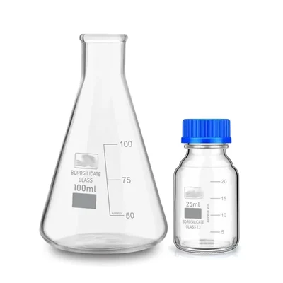 SBT Instruments Borosilicate Glass Measuring Conical Flask 100ml & Reagent Bottle 25ml with Leak Proof Blue Screw Cap