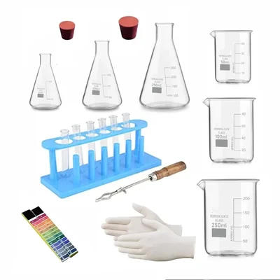 SBT Laboratory Kit -19pcs (Beaker, Flask, Test tube, Test Tube Stand, Test Tube Holder, Rubber Cork, PH Papers, Gloves