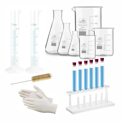 Bello Lab Trusted Kit Set Beakers, Conical Flasks, Measuring Cylinders, Test Tubes, Rubber Corks, Stand, Brush & Gloves