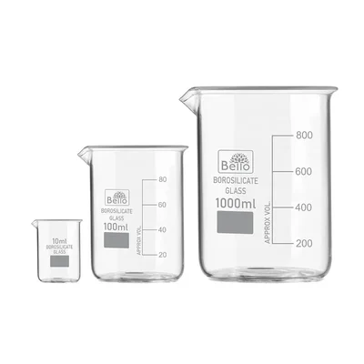 Bello Set of 3 Beaker 10ml, 100ml, 1000ml with Graduation Marks, Borosilicate 3.3 Glass for Laboratory