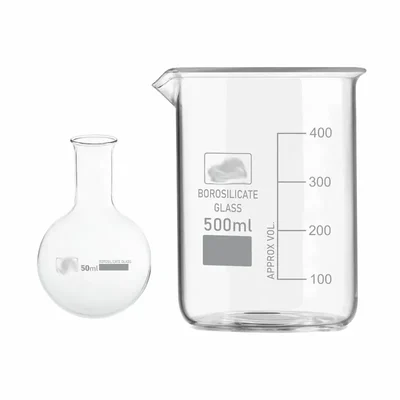 SBT Borosilicate 3.3 Glass Measuring Beaker 500ml & Round Bottom Boiling Flask 50ml for Laboratory