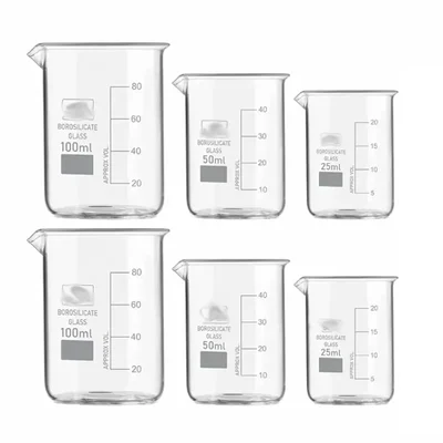 SBT Instruments 6pcs Borosilicate 3.3 Glass Beakers - 25ml x 2pcs, 50ml x 2pcs & 100ml x 2 pcs with Graduation Marks
