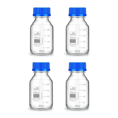 Bello 4pcs Borosilicate Glass Reagent Bottle 250ml with Leak-Proof Blue Screw Cap