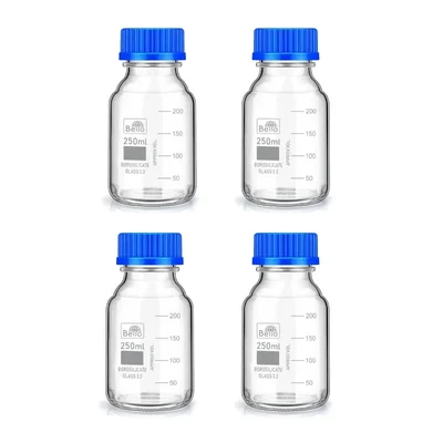 Bello 4 pcs Borosilicate Glass Reagent Bottles 250ml with Leakproof Blue Screw Cap for Laboratory, Kitchen Use