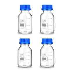 Bello 4 pcs Borosilicate Glass Reagent Bottles 250ml with Leakproof Blue Screw Cap for Laboratory, Kitchen Use