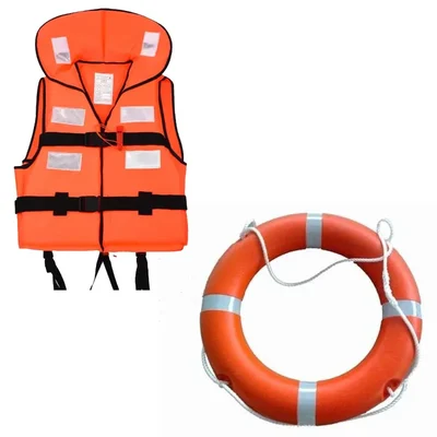 Minsales Combo Of Polyester Fabric Life Jacket With Whistle And Hard Polyurethane Rubber Lifebuoy Ring For Adult Safety