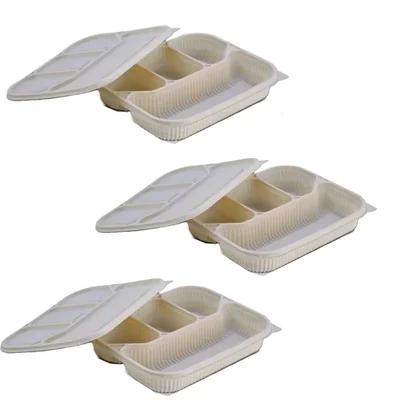 4 Compartment Cornstarch Meal Tray with Leak-Proof Lid, Biodegradable Food Serving Tray for Tiffin Takeaway & Catering(Pack-50 pcs)