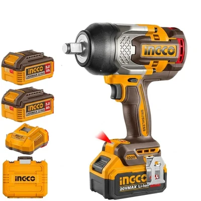 Ingco 12.7mm (1/2") 20V Cordless With Variable Speed, R/F Function Impact Wrench With Battery, Charger, Max. Torque 1000 Nm (CIWLI20100)