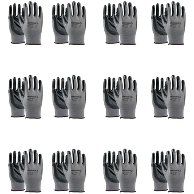 Mallcom P35NBA Grey Polyester 15 Gauge Smooth Finish Seamless Liner Coated with Black Safety Gloves - Pair of 12