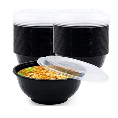 650ml (16Oz) Stackable Meal Prep Bowl Container, Black Disposable Food Takeout Bowls with Airtight Clear Lids(Pack-50 pcs)