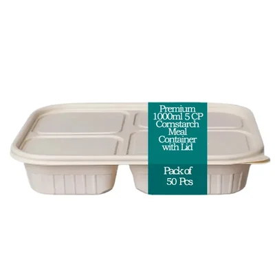 Premium 1000ml, 5 Compartment Cornstarch Meal Container with Lid(Pack-50 pcs)
