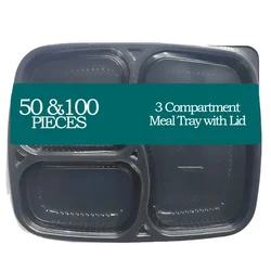 3 Compartment 250 Micron Plastic Meal Tray with Lid for Dinner, Lunch, Lunch Box Thali(Pack-50)