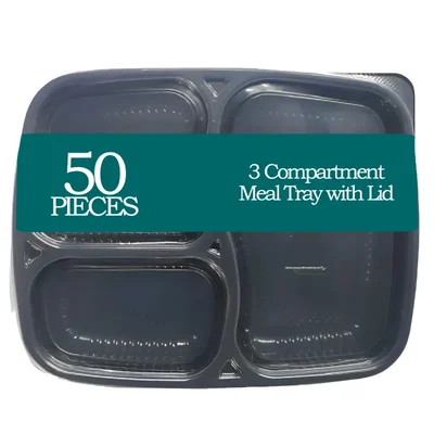 3 Compartment 250 Micron Plastic Meal Tray with Lid for Dinner, Lunch, Lunch Box Thali(Pack-50)