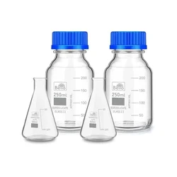 Bello Set of 4 Pcs 50ml Borosilicate Glass Measuring Conical and 250ml Reagent Bottle With leak proof Blue Screw Cap