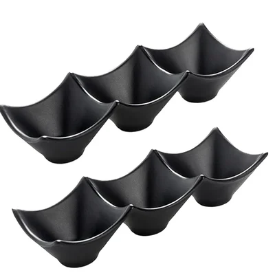 Black Melamine Alaskan Sauce Plate, Size 9.5 inch x 2pcs, Deep Compartment Serving Dish for Restaurant, Outdoor Dining