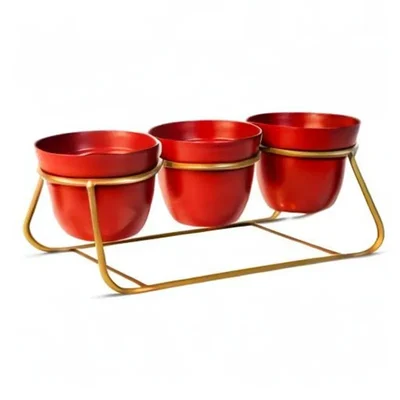 Set of 3 Metal Flower Planter Pots with Single Iron Stand | Used for Home Decoration Purpose