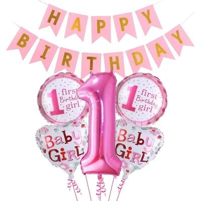 Pack of 10, Pink 1st Birthday Decoration Kit for Baby Girl with Banner & Number Foil Balloon