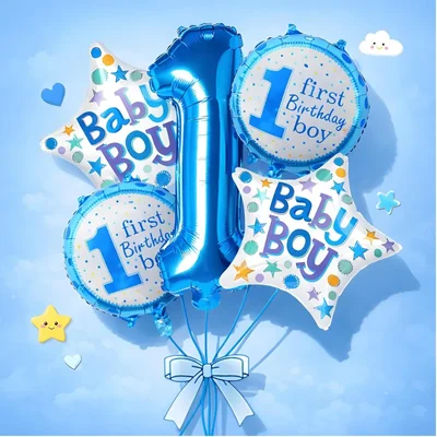 Pack of 10, 1st Birthday Boy Prince Foil Balloon Set for Baby Boy Decoration with Crown Theme