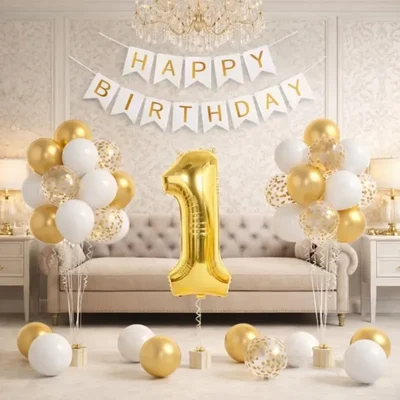 Pack of 5, 1st Birthday Gold Number 1 Foil Balloon Kit of 28 Pcs with Banner & Confetti Set
