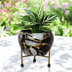 Ecofynd Lio Black Metal Planter Pot with Gold Stand | Modern Style Planter Set for Indoor Outdoor Home Decor 