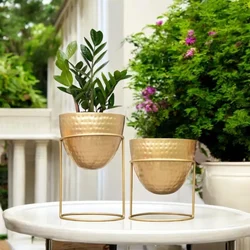 Ecofynd 6 inches Golden Metal Plant Pot with Stand, Pack of 2 Planter for Indoor Decoration 