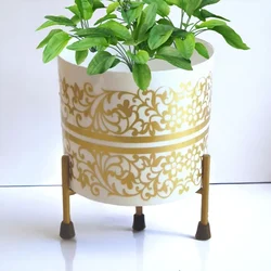 Ecofynd 5 inches Evan White Metal Planter Pot with Gold Stand (PWS025-WHTGO)