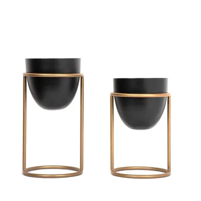 Ecofynd 6 inch Decorative Metal Plant Pot with Stand for Indoor Outdoor Home Decor (Pack of 2)