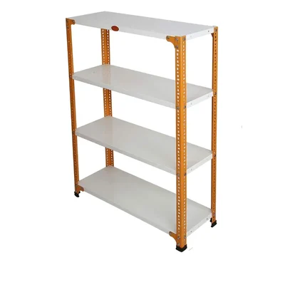 Premium Quality 40 x 29 x 12 Inch 4 Shelves Powder Coated Metal Rack For Multipurpose Use (22 Gauge Shelf & 16 Gauge Angle)(Color-White Shelves & Orange Angle )