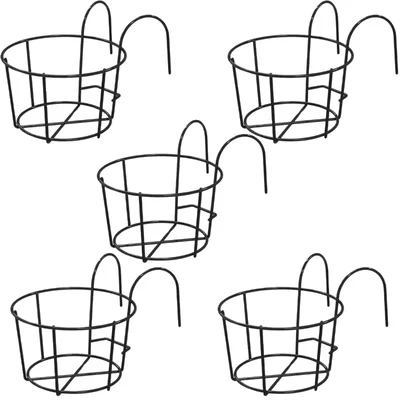 Ecofynd Round Metal Hanging Flower Pot Stand, Railing Planters for Balcony Decoration-Black, Pack of 5(PS028-BLK-105)