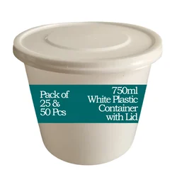 750ml White Plastic Container with Lid For Food Delivery, Takeway and Storage(Pack-25 pcs)
