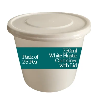 750ml White Plastic Container with Lid For Food Delivery, Takeway and Storage(Pack-25 pcs)