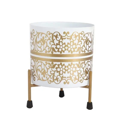 5 Inches Modern Style Golden White Metal Planter Pot with Stand for Garden and Home Decor