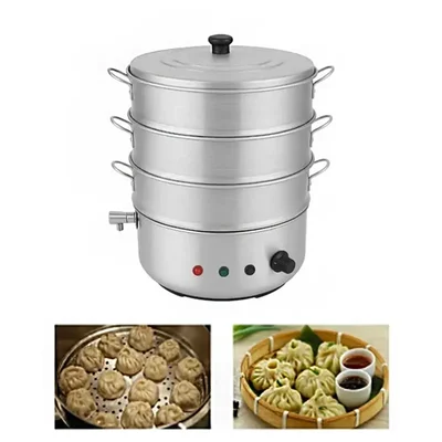 Aluminum 14 inch Electric Operated 3 Tier Momo Steamer with Tap, Rice, Corn Steamer For Commercial Use