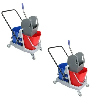Pack of 2, 40 Liter Double Bucket Mop Wringer Trolley with Down Press, Cleaning Cart with Quiet Rolling Caster Wheels