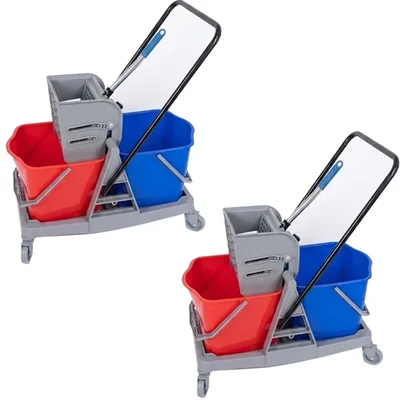 Pack of 2, 40 Liter Double Bucket Mop Wringer Trolley with Side Press, Cleaning Cart with Quiet Rolling Caster Wheels